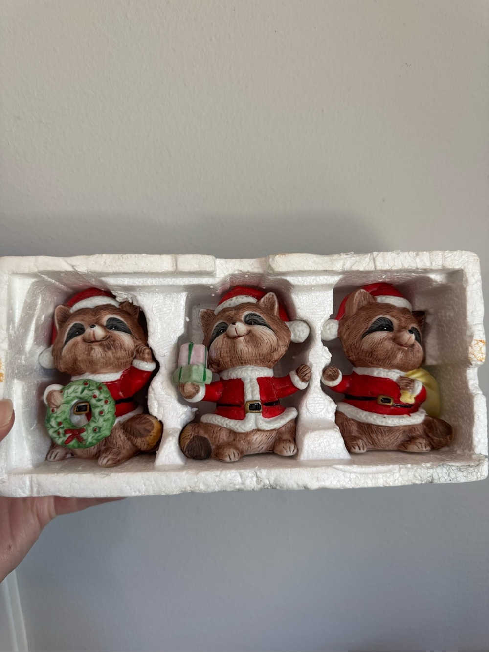 Vintage Set of 3 HOMCO #5611 Christmas Santa Racoon Porcelain Figurines